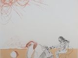 un dessin représentant un homme et une femme assis sur un banc