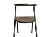 a green metal chair with a wooden seat on a white background