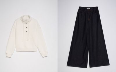 deux photos montrant un pantalon noir et un pull blanc