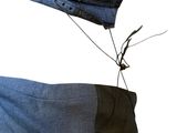 two pairs of blue jeans with black laces on them