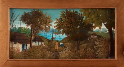 tableau représentant un homme et une femme dans un espace boisé parsemé d'arbres