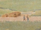 an oil painting of a couple of people walking in a field