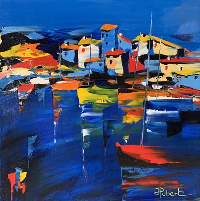 a painting of boats in a harbor with a blue sky