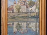 une image représentant un tableau d'une petite ville au bord de l'eau