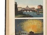 un vieux livre avec des images d'une ville et d'une rivière