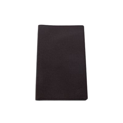 a close up of a black leather passport case on a white background