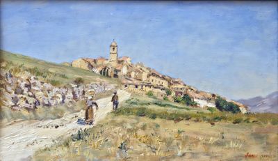 tableau représentant un village situé sur une colline, avec une personne à cheval