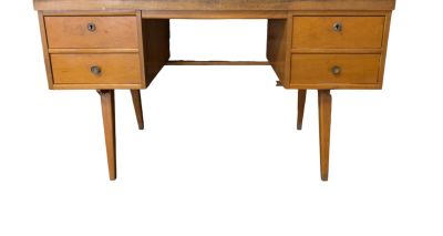 a wooden desk with two drawers on it