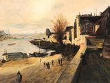 a painting of people walking on the street by the water