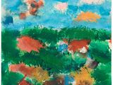 un tableau représentant un champ avec des fleurs et des arbres en arrière-plan