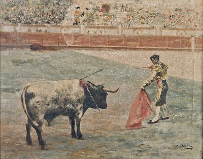 un tableau représentant un taureau et un homme dans une arène