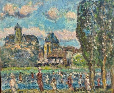 painting of a painting of people in a field with a castle in the background