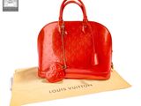 louis vuitton red monogramet leather handbag with gold hardware