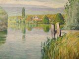 a painting of a boat on the water near a shore