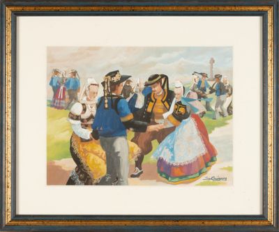 painting of a group of people in traditional clothing dancing in a field