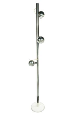 floor lamp with three chrome balls on a white base