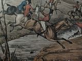 a drawing of a man on a horse that is jumping over a stream