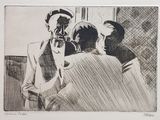 a drawing of a man talking to a group of people
