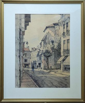 une image représentant une peinture d'une scène de rue où l'on voit une personne marcher dans la rue