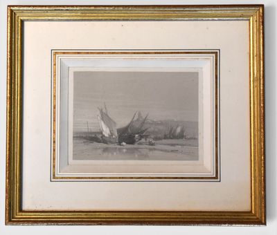 painting of boats on the water in a gold frame on a wall