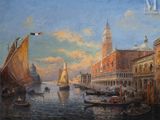 un tableau représentant des bateaux sur l'eau près d'une ville