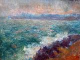 une peinture à l'huile représentant une vue de l'océan depuis une falaise