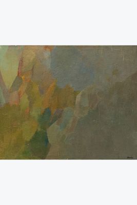 une peinture à l'huile sur toile représentant un paysage avec des nuages dans le ciel
