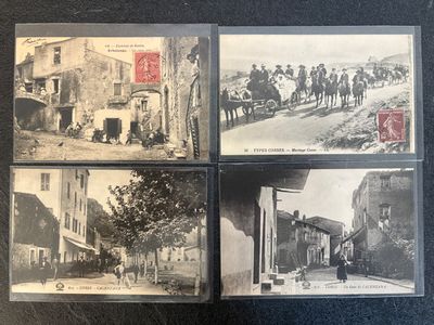 several old black and white photos of people riding horses down a street