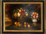 an oil painting of a basket of fruit and flowers on a table