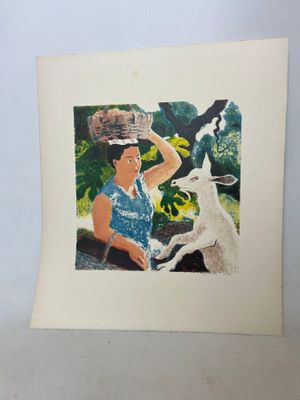 painting of a woman feeding a goat with a basket on her head