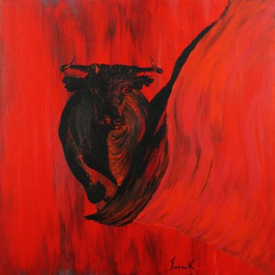 FAROUK (école contemporaine). Taureau sur fond rouge. Peintu…