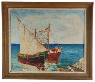 une peinture à l'huile représentant deux bateaux sur l'eau, près d'un rivage rocheux