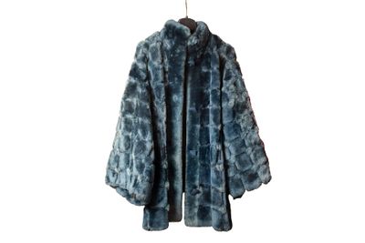 une photo d'un manteau de fourrure bleu suspendu à un cintre