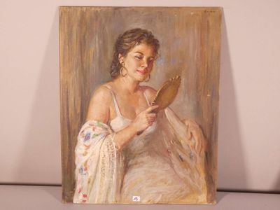 a painting of a woman holding a mirror in front of her face