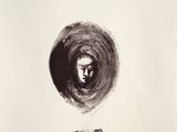 an image of a black and white drawing of a woman ' s face