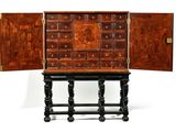 an old wooden cabinet with two doors open on a white background