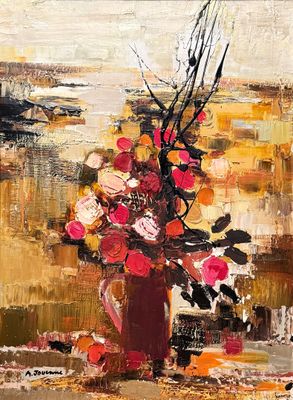tableau représentant un vase de fleurs posé sur une table, avec un oiseau en vol en arrière-plan