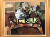 an oil painting of a bowl of fruit and a bowl of flowers on a table