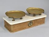 pair of antique brass scale on marble base with wooden base