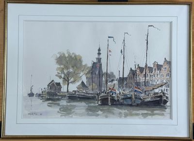 une image d'une peinture de bateaux dans un port