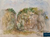 une image représentant une aquarelle représentant des rochers et des arbres