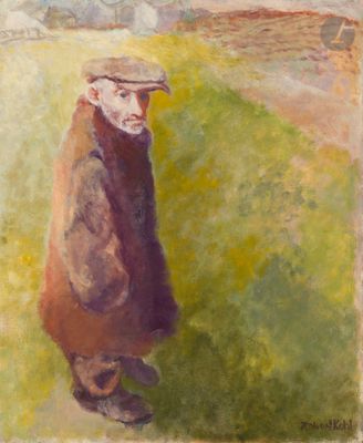 an oil painting of a man in a hat and coat standing in a field