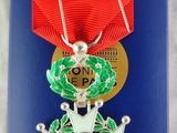 a close up of a medal on a red ribbon on a blue box