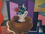 un tableau représentant un vase de fleurs posé sur une table devant une fenêtre