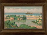 an oil painting of a beach scene with a ship in the distance