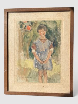 tableau représentant une jeune fille en robe bleue tenant une pomme