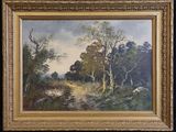 une peinture à l'huile représentant un paysage boisé avec des moutons qui paissent au premier plan
