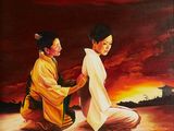 painting of a couple of people sitting on the ground in front of a sunset