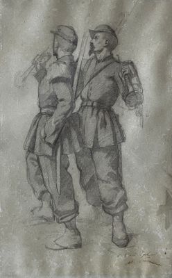 dessin représentant deux hommes en uniforme debout l'un à côté de l'autre