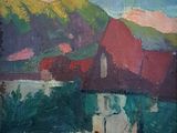 an oil painting of a person sitting on a bench in front of a mountain